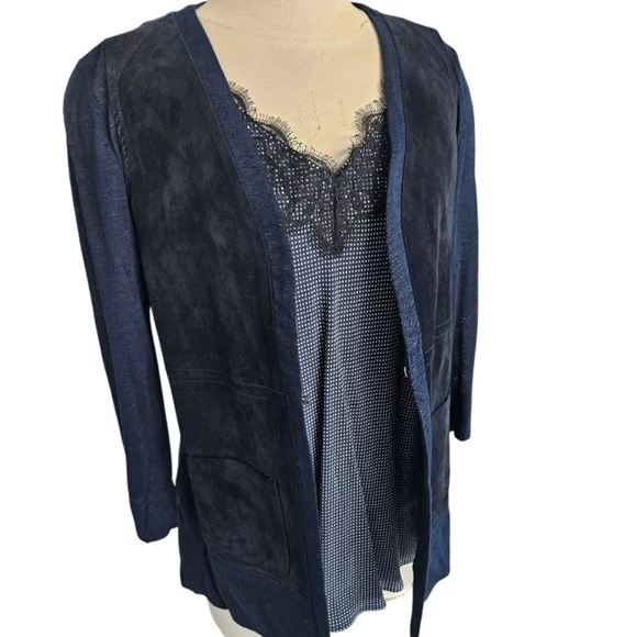 Ecru Deep Blue Linen & Suede Leather  Cardigan - Picture 3 of 11